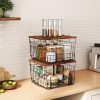 2 Pack Stackable Wire Basket with Wood Top, Pantry Organizer and Storage, Potato Basket Onion Storage for Kitchen Counter, Onion