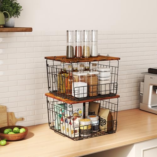 2 Pack Stackable Wire Basket with Wood Top, Pantry Organizer and Storage, Potato Basket Onion Storage for Kitchen Counter, Onion