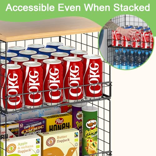4 Pack Stackable Wire Baskets for Pantry Organizers and Storage, Pantry Baskets with Fixed Wooden Top, Fruit and Vegetable