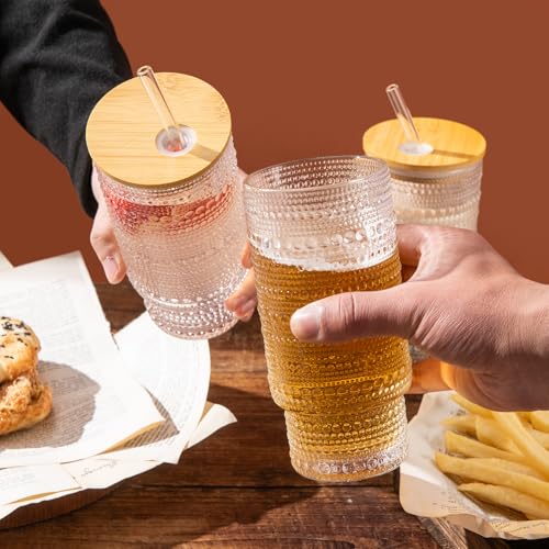 Drinking Glasses with Bamboo Lids and Glass Straw 4pcs Set,16oz Glass Tumbler Cups,Water Glasses,Iced Coffee Glasses,iced Tea