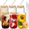 16 Oz Drinking Glasses with Bamboo Lids and Glass Straw - 6 Pcs Glass Cups Beer Ice Coffee Glasses Cute Aesthetic Cup Great for