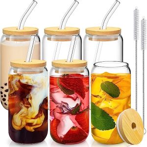 16 Oz Drinking Glasses with Bamboo Lids and Glass Straw - 6 Pcs Glass Cups Beer Ice Coffee Glasses Cute Aesthetic Cup Great for