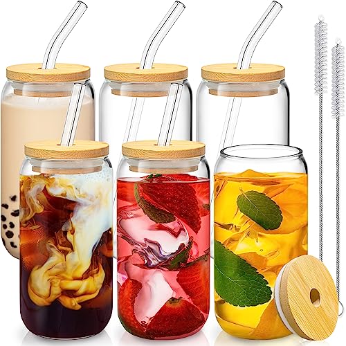 16 Oz Drinking Glasses with Bamboo Lids and Glass Straw - 6 Pcs Glass Cups Beer Ice Coffee Glasses Cute Aesthetic Cup Great for