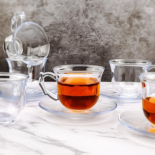 Glass Tea Cups and Saucers Set of 6 - Glass Coffee Mugs -Teacups for Espresso Cappuccino Latte Tea - Dishwasher Microwave Safe