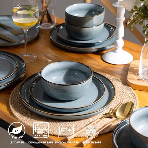 Ceramic Dinnerware Sets for 4, 12 Pieces Stoneware Plates and Bowls Sets, Reactive Glaze Dishes -Scratch Resistant,