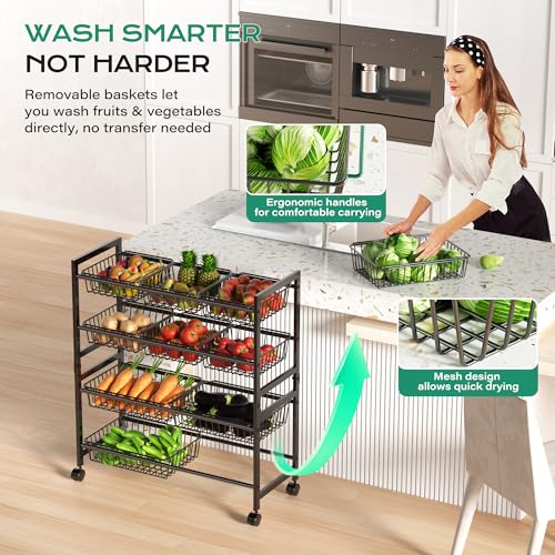 Cinati 4-Tier Kitchen Storage Cart, Adjustable Rolling Pantry Storage Cart with 10 Baskets & Handle, 29''L Metal Snack Cart with