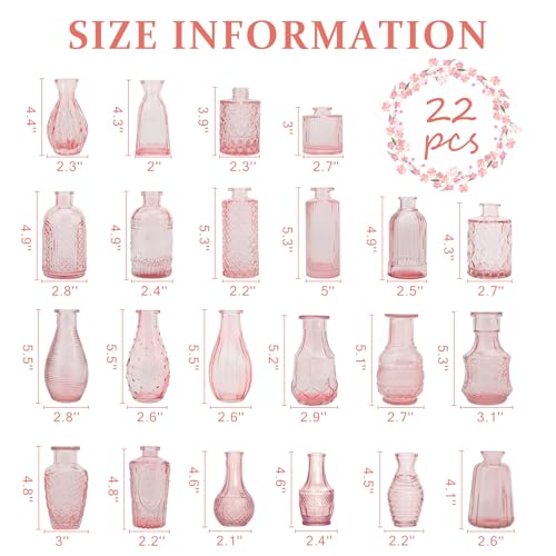 22 Pack Pink Flower Vase in Bulk,Mini Vintage Glass Bud Vases for Centerpieces,Wedding Decor,Party & Home Decaration,Mother's
