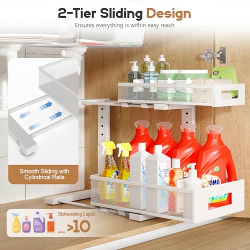 2-Pack Under Sink Storage Organizer, Large 2-Tier Elegant Mesh Pull Out Shelf for Kitchen and Bathroom Cabinet Organization,