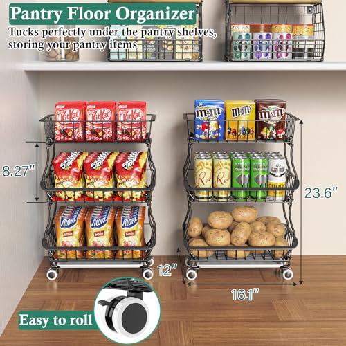 3-Tier Rolling Pantry Floor Organizer and Storage Cart with Wheels, Stackable Wire Pantry Baskets for Pantry Shelves, Kitchen