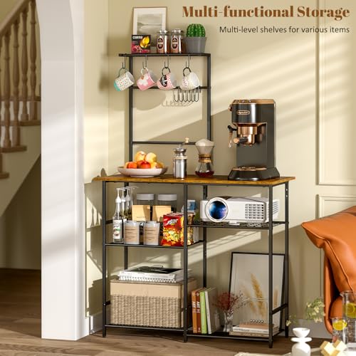 Baker's Rack for Kitchen with Storage, Microwave Stand with Adjustable Shelves and 10 S Hooks, 6-Tier Coffee Bar Station,