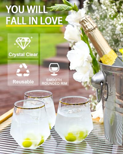 40 Pcak Plastic Stemless Wine cocktail Whiskey Champagne Glasses, 12 Oz Gold Rim Disposable Clear Unbreakable Cups for Party
