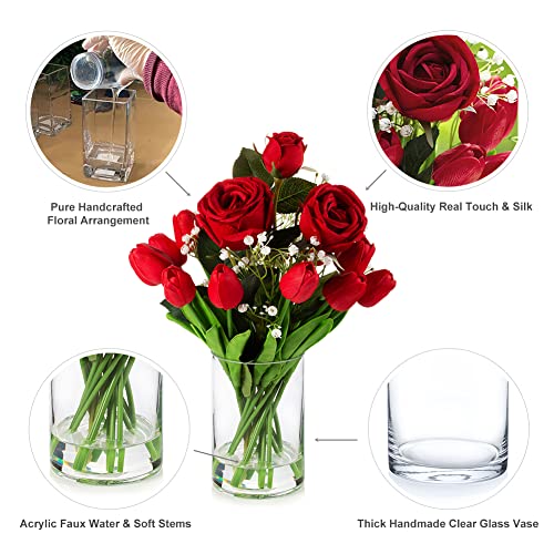 Red Silk Rose Fake Flowers with Vase, Mixed Real Touch Tulip Artificial Flowers in Glass Vase for Dining Table, Faux Flower