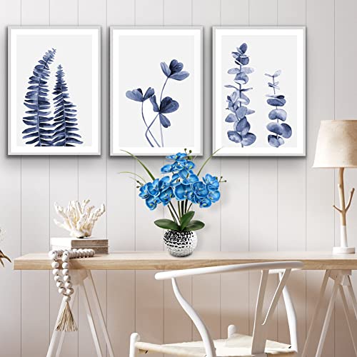 Orchids Artificial Flowers, 20'' Blue Faux Orchid Flowers with Silver Vase Fake Phalaenopsis Silk Flowers for Home Coffee Table