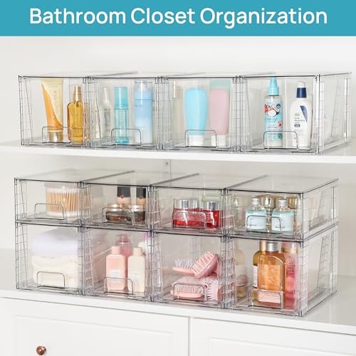 Vtopmart 4 Pack Large Stackable Storage Drawers,Easily Assemble Acrylic Bathroom Closet Undersink Organizers and Storage,Plastic