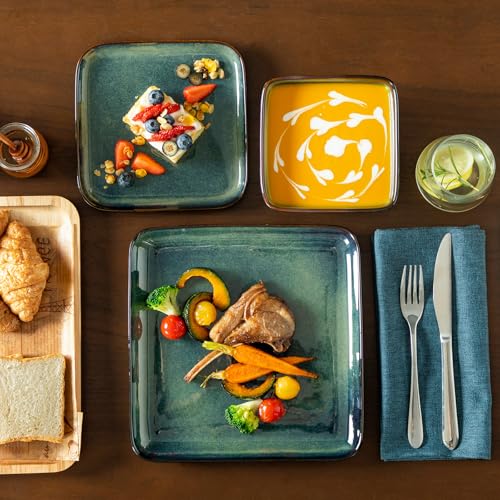 Stern Green Dinner Set Square Reactive Glaze Tableware 12 Pieces Kitchen Dinnerware Stoneware Crockery Set with Dinner Plate,