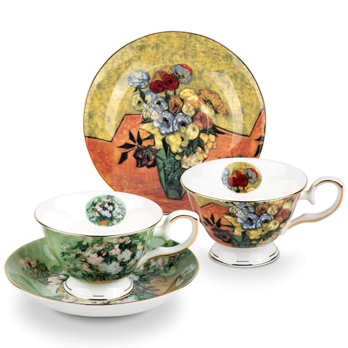 Floral Tea Cups Saucers Set of 2, Van Gogh Paintings Bone China 7 oz British Teacups Porcelain Tea Cups Coffee for Rose Teacups