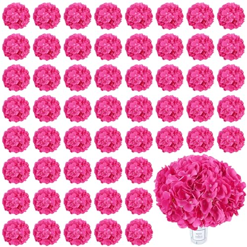 60 PCS Hot Pink Hydrangea Artificial Flowers Bulk (Not Squished) Realistic Fake Flowers Hydrangea Silk Flowers with Stems for
