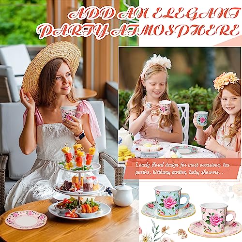 60 Sets Tea Party Decorations Floral Paper Tea Cups with Handle and Plates Disposable Blossom Teacups and Saucers Sets with Tape