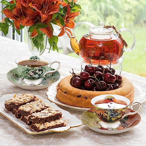 Floral Tea Cups Saucers Set of 2, Van Gogh Paintings Bone China 7 oz British Teacups Porcelain Tea Cups Coffee for Rose Teacups