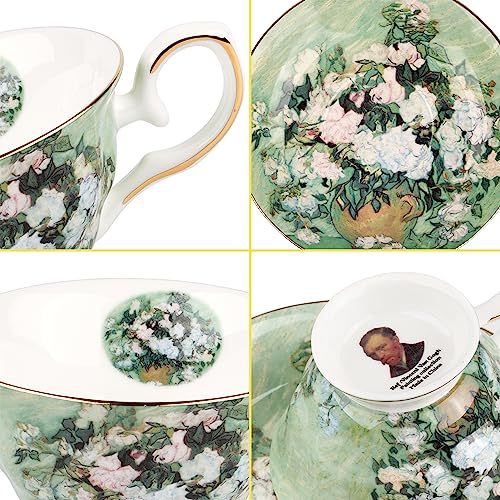Floral Tea Cups Saucers Set of 2, Van Gogh Paintings Bone China 7 oz British Teacups Porcelain Tea Cups Coffee for Rose Teacups