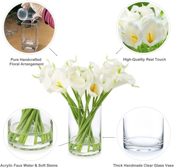 20 Pieces Artificial Real Touch Lilies Flower Arrangement in Glass Vase with Faux Water for Home Decoration (White)