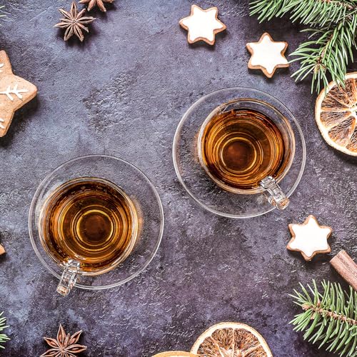 Glass Tea Cups and Saucers Set of 6 - Glass Coffee Mugs -Teacups for Espresso Cappuccino Latte Tea - Dishwasher Microwave Safe