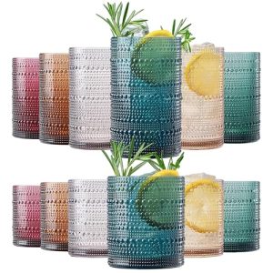 Classic Reusable Plastic Drinking Glasses, Hobnail Shatterproof | 6X 10 OZ Lowball & 6X 13 OZ Highball | Tritan Tumblers,