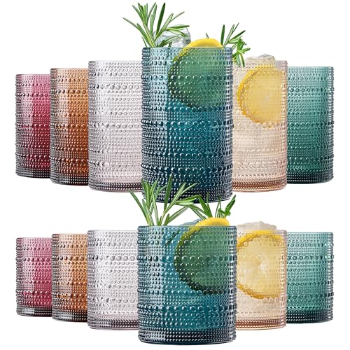 Classic Reusable Plastic Drinking Glasses, Hobnail Shatterproof | 6X 10 OZ Lowball & 6X 13 OZ Highball | Tritan Tumblers,