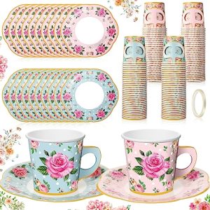 60 Sets Tea Party Decorations Floral Paper Tea Cups with Handle and Plates Disposable Blossom Teacups and Saucers Sets with Tape