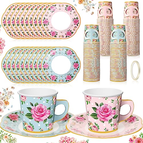 60 Sets Tea Party Decorations Floral Paper Tea Cups with Handle and Plates Disposable Blossom Teacups and Saucers Sets with Tape