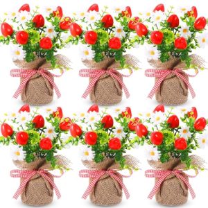 6 Pack Small Strawberry Tables Centerpieces Decoration, Summer Fake Artificial Potted Plastic Flower Plants Rustic Faux Plant in