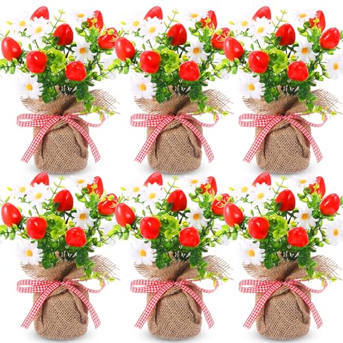 6 Pack Small Strawberry Tables Centerpieces Decoration, Summer Fake Artificial Potted Plastic Flower Plants Rustic Faux Plant in